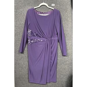 Adrianna Papell Dress Womens 16 Purple Sequin Ruched Long Sleeve Formal Evening